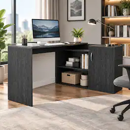 RYHNUYNE - Modern L-Shaped Computer Desk, Smokey Oak Finish, 59 Inch Corner Workstation, Open Shelves and Storage Cabinet - Gray