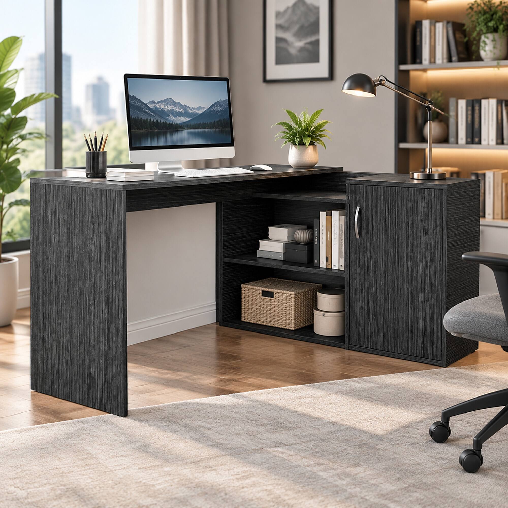 Front. RYHNUYNE - Modern L-Shaped Computer Desk, Smokey Oak Finish, 59 Inch Corner Workstation, Open Shelves and Storage Cabinet - Gray.