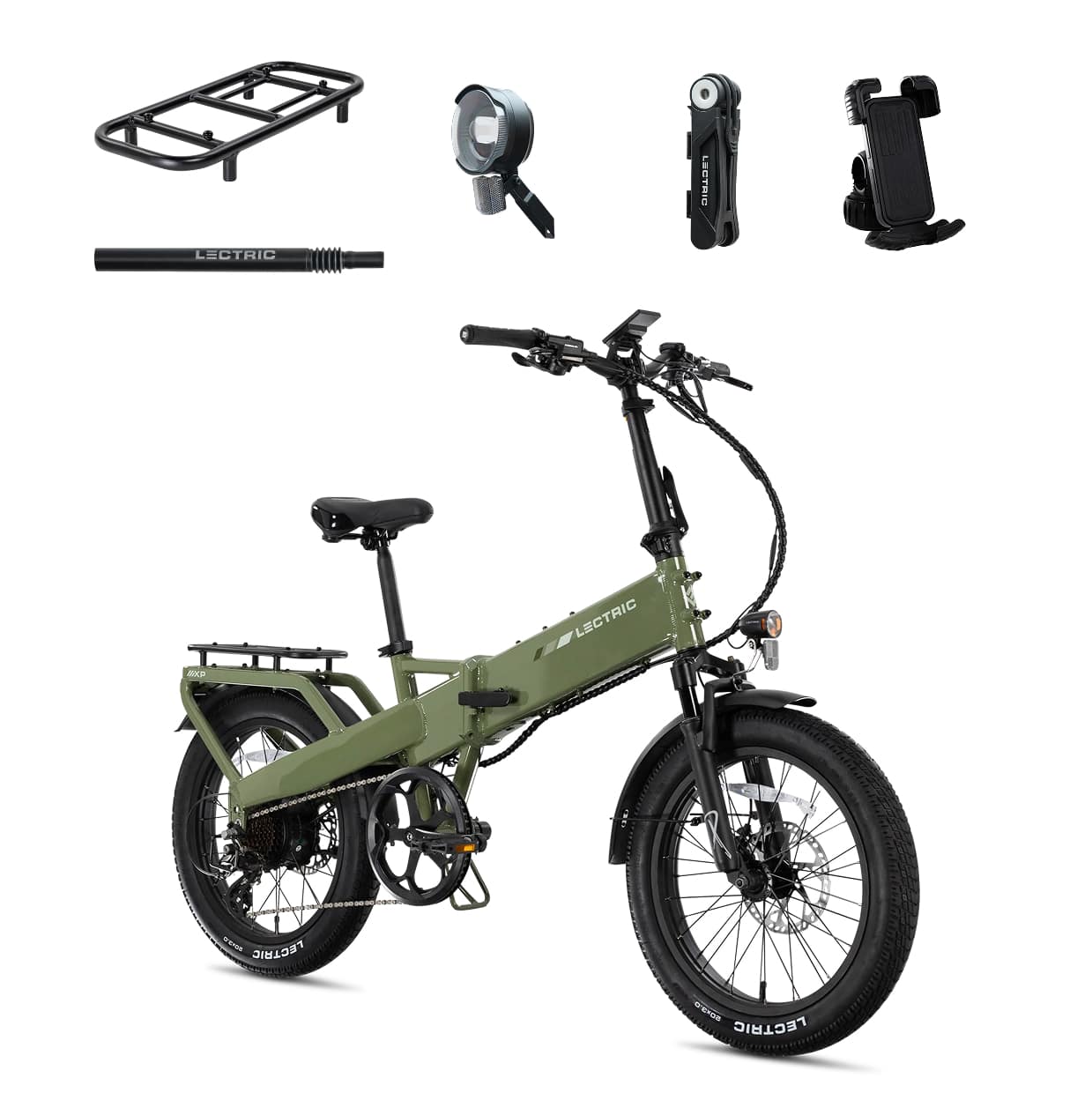 Lectric eBikes - XP4 750 Step-Over Long-Range eBike: Max 85mi/28mph + LevelUp Rack/Seat Post/Elite Headlight/Bike Lock/Phone Mount - Pine Green