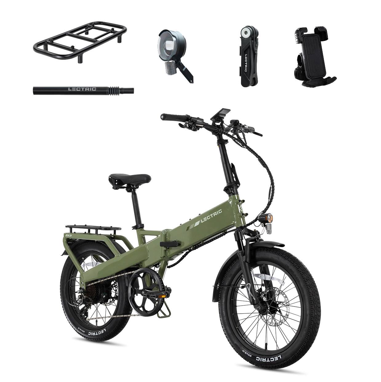 Lectric eBikes - XP4 750 Step-Over Foldable Long-Range eBike (Max 85mi/28mph) + LevelUp Rack/Seat Post/Elite Headlight/Lock/Phone Mount - Pine Green