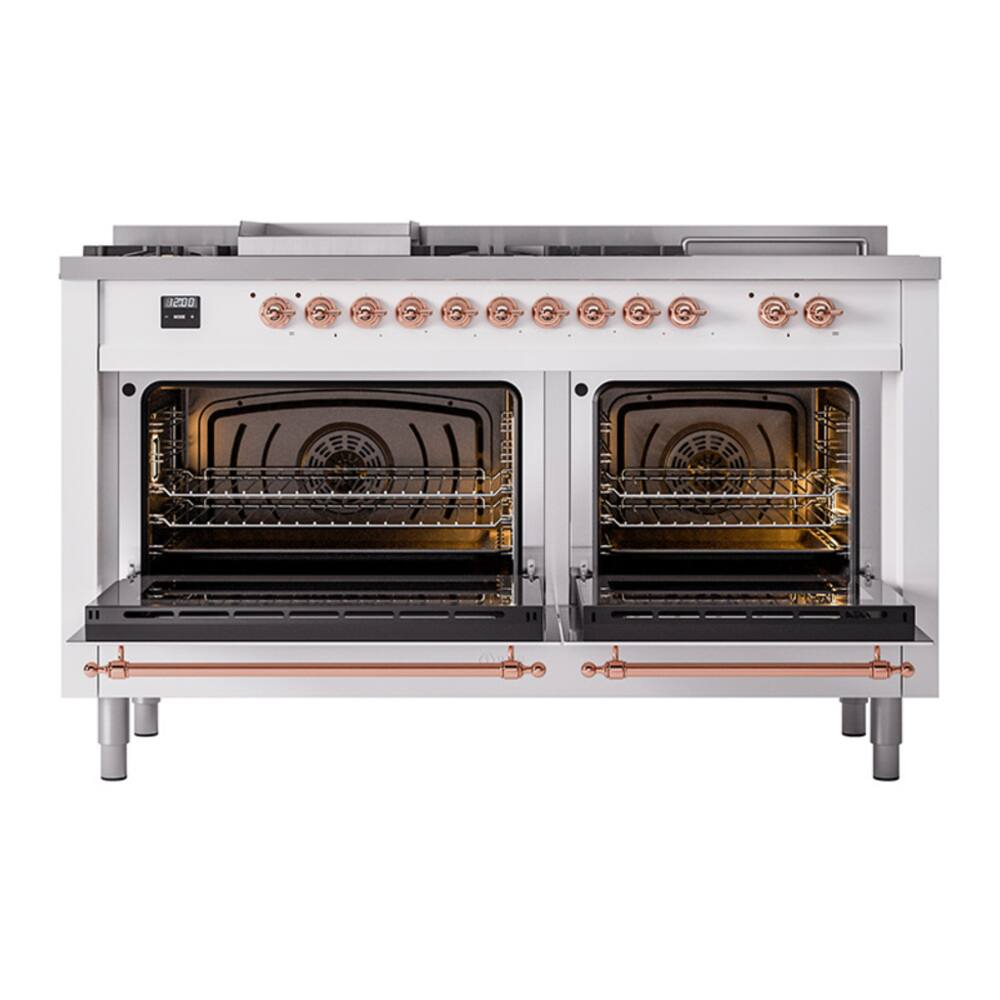 Alt View 4. ILVE - ILVE Nostalgie II 60 inch Dual Fuel Range with 7 Burners + Griddle (Natural Gas, White, Copper Trim) - White.