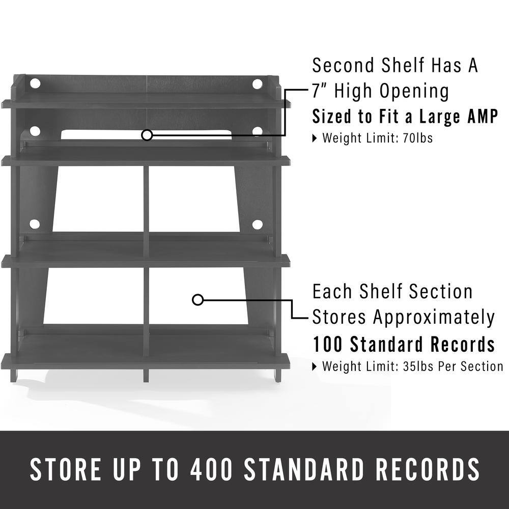 Second Shelf Has A 7" High Opening Sized to Fit a Large AMP  
Weight Limit: 70lbs  
Each Shelf Section Stores Approximately 100 Standard Records  
Weight Limit: 35lbs Per Section  
STORE UP TO 400 STANDARD RECORDS