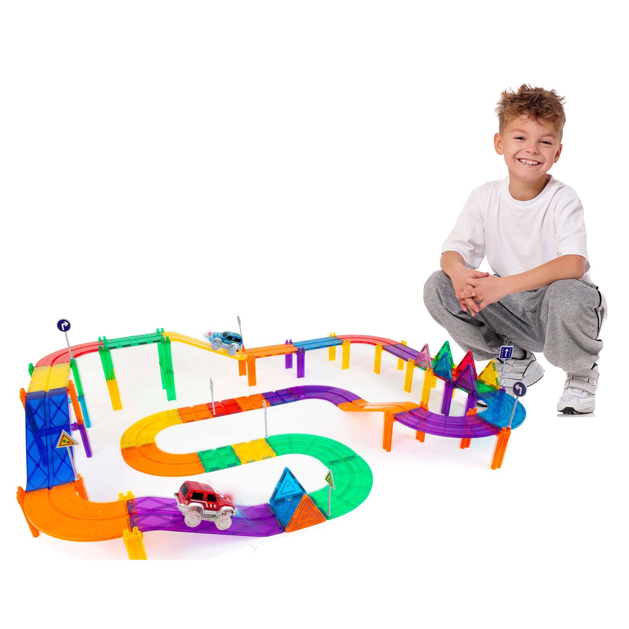 Alt View 4. PicassoTiles - PICASSO-TILES Race Track Magnetic Tiles for Kids, 81PCS with 2 Racing Cars, STEM Building Blocks Educational Toy.
