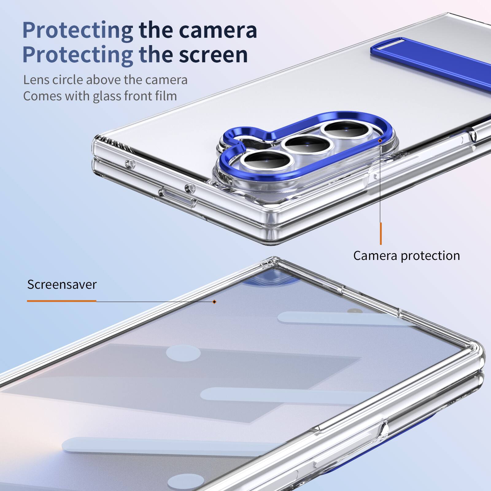 Protecting the camera  
Protecting the screen  
Lens circle above the camera  
Comes with glass front film  

Screensaver  
Camera protection