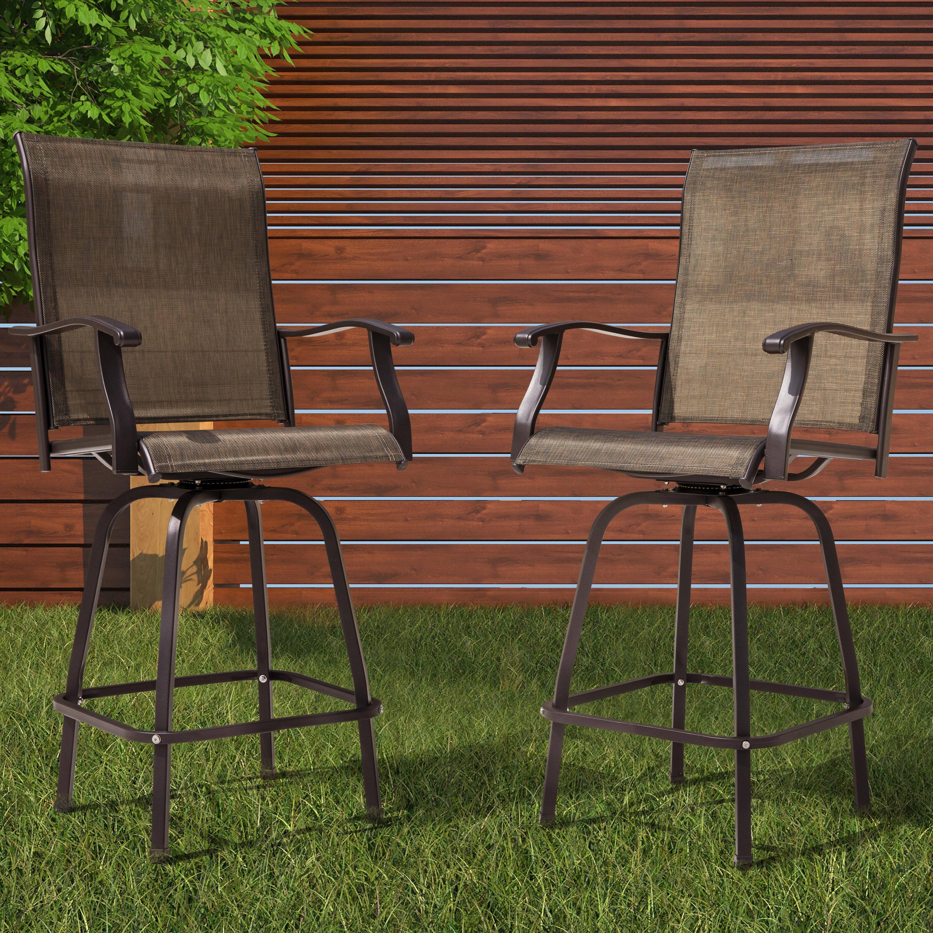 Alt View 9. Nuu Garden - Outdoor Patio 2-Piece Iron Swivel Bar Stools with Armrests, All-Weather Textilene - Brown with Gold Speckles.