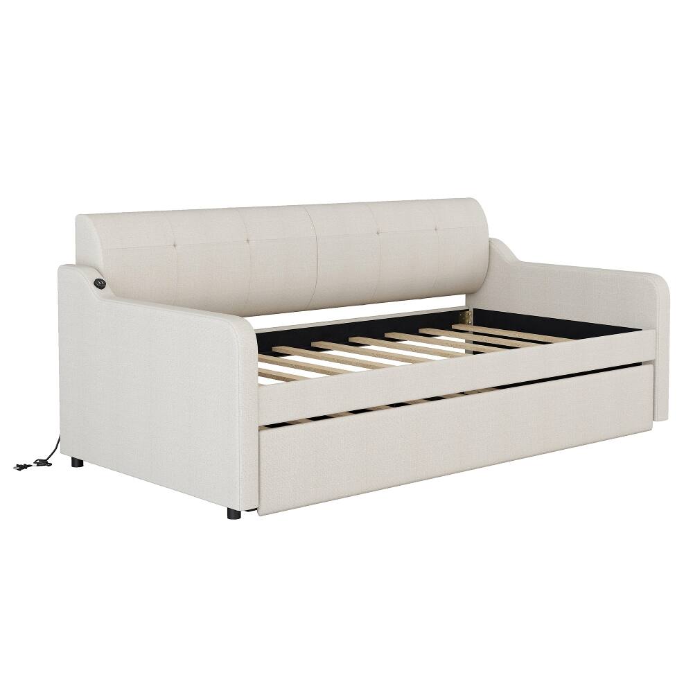 Alt View 9. Loheer - Loheer Twin Daybed with Trundle Upholstered Beige Sofa Bed USB - Beige.
