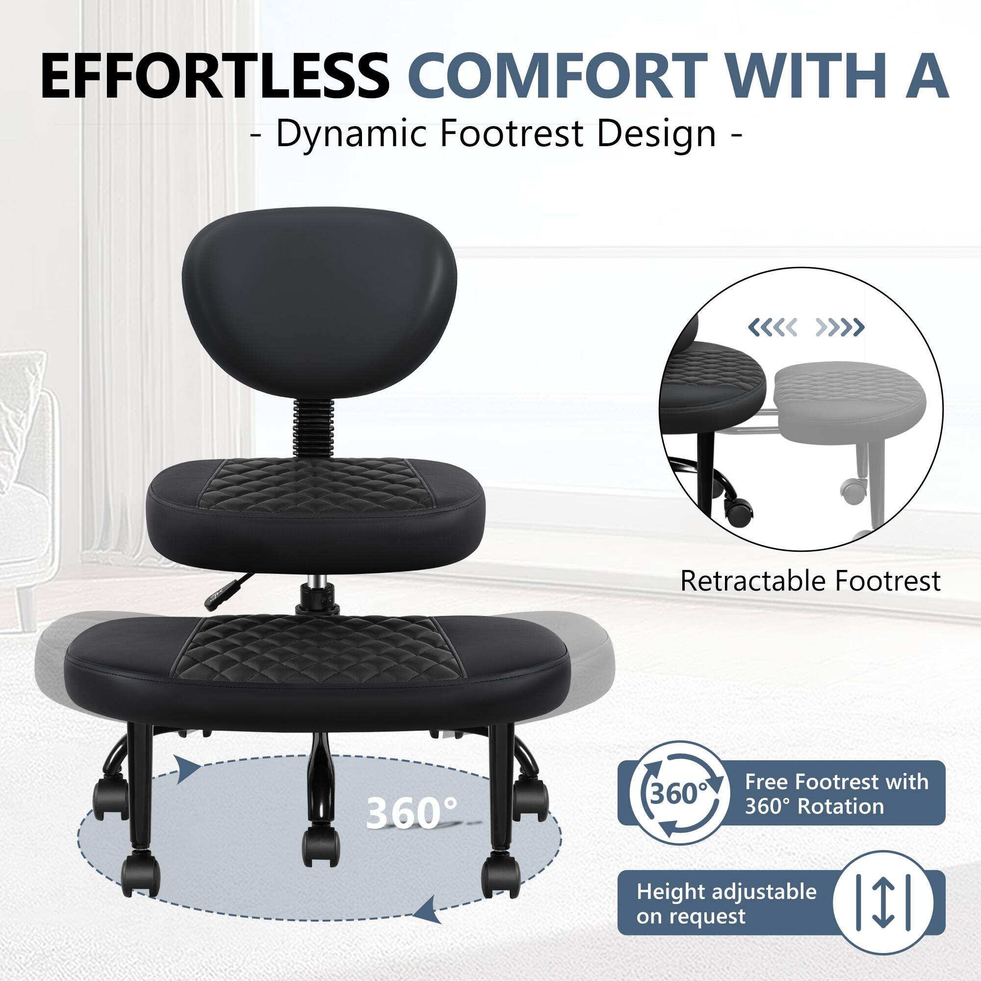 EFFORTLESS COMFORT WITH A - Dynamic Footrest Design - Retractable Footrest Free Footrest with 360° Rotation Height adjustable on request