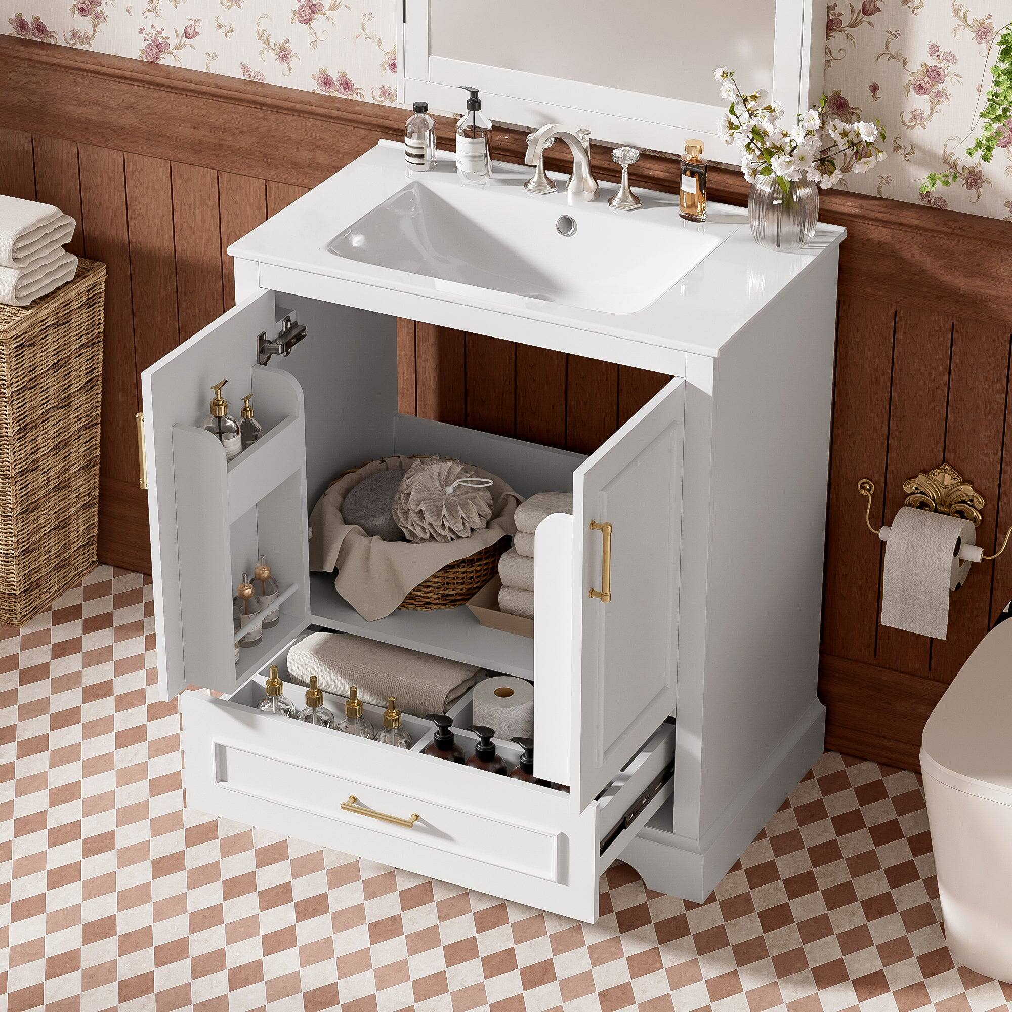 Alt View 5. Boyel Living - 30 Inch White Bathroom Vanity with Ceramic Sink, Divider Drawer, 2 Soft Close Doors and Double Door Shelves - White.