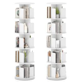 Costway - 2 PCS 5-Tier Rotating Bookshelf 360° Display Rack Dividers & Anti-falling Baffles - White