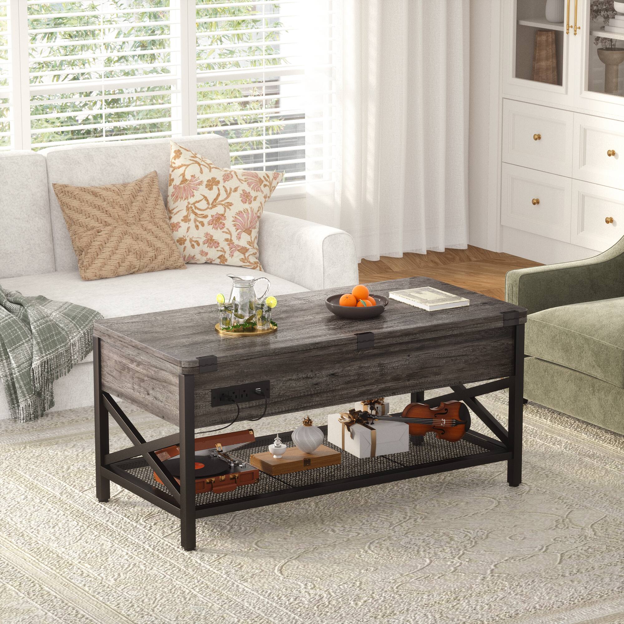 Angle. Aheaplus - Convertible Lift Top Coffee Table: LED Lights & Power Outlet, Multi-Function Center Table for Living Room - Gray Oak.