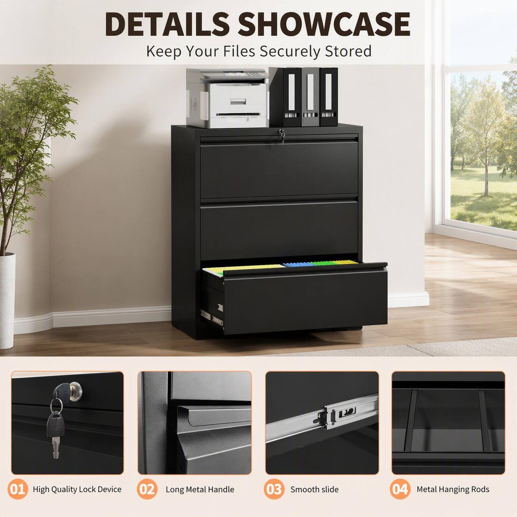 RYHNUYNE 35.4 In Rectangle Lateral File Cabinet With Lock And Anti Tip ...