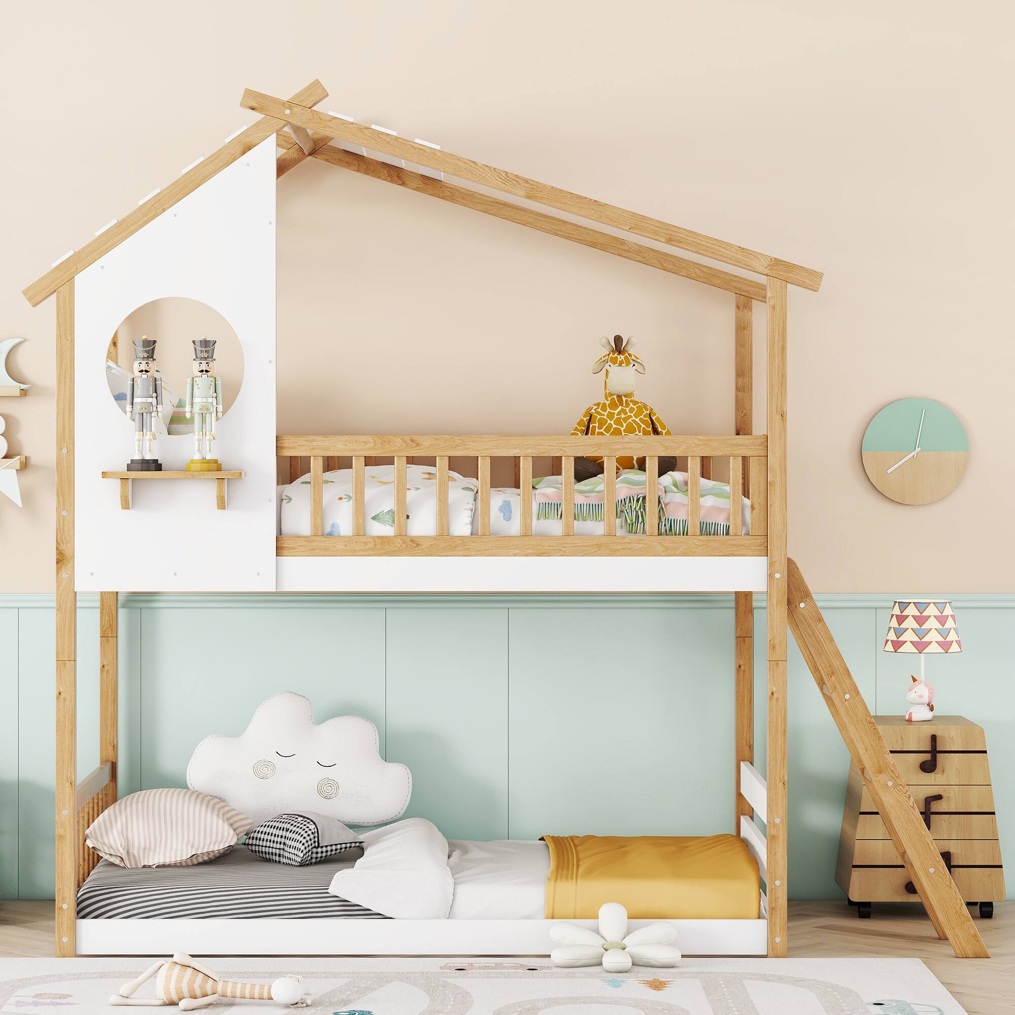 Angle. Aukfa - Twin Over Twin Bunk Bed Wood Bed with Roof, Window, Ladder - White.