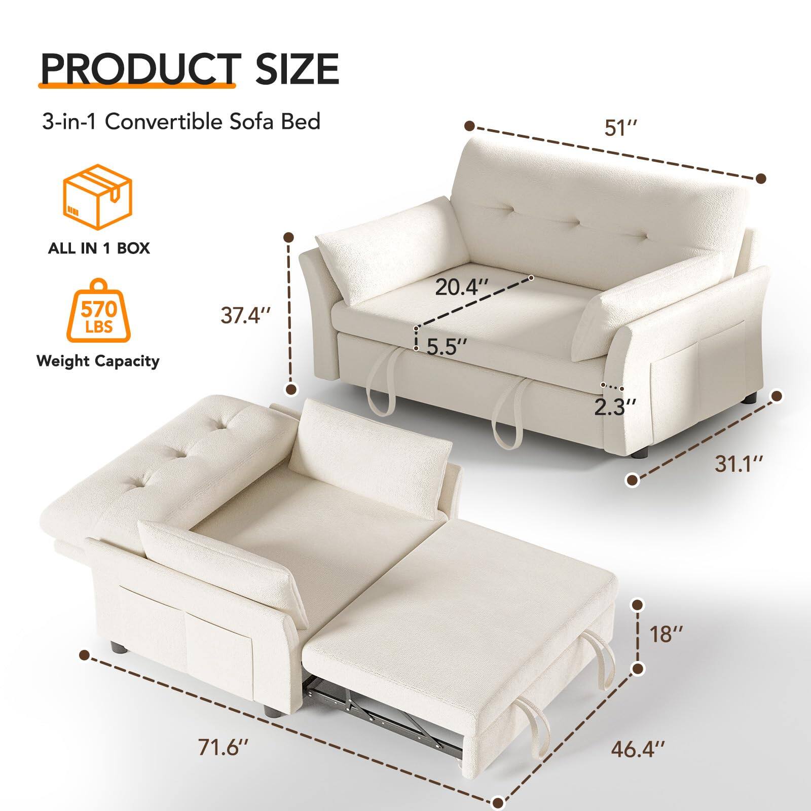 PRODUCT SIZE  
3-in-1 Convertible Sofa Bed  

ALL IN 1 BOX  
570 LBS Weight Capacity  

51"  
37.4"  
20.4"  
5.5"  
2.3"  
31.1"  
18"  
71.6"  
46.4"
