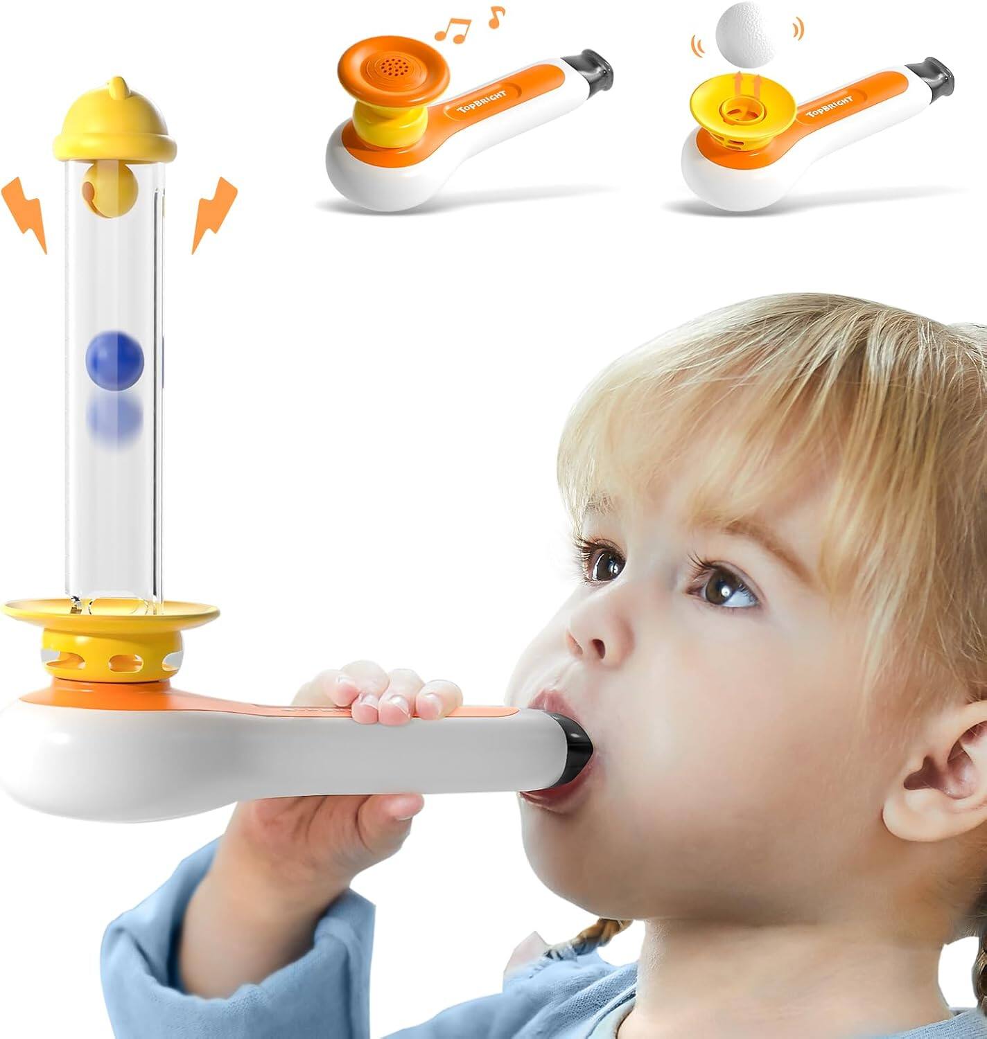 Front. TOPBRIGHT - 3 in 1 Sensory Toys For Kids with Whistle Ball Blowing Floating Blow Pipe Balls Fine Motor Skills Toddler Toys - Yellow.