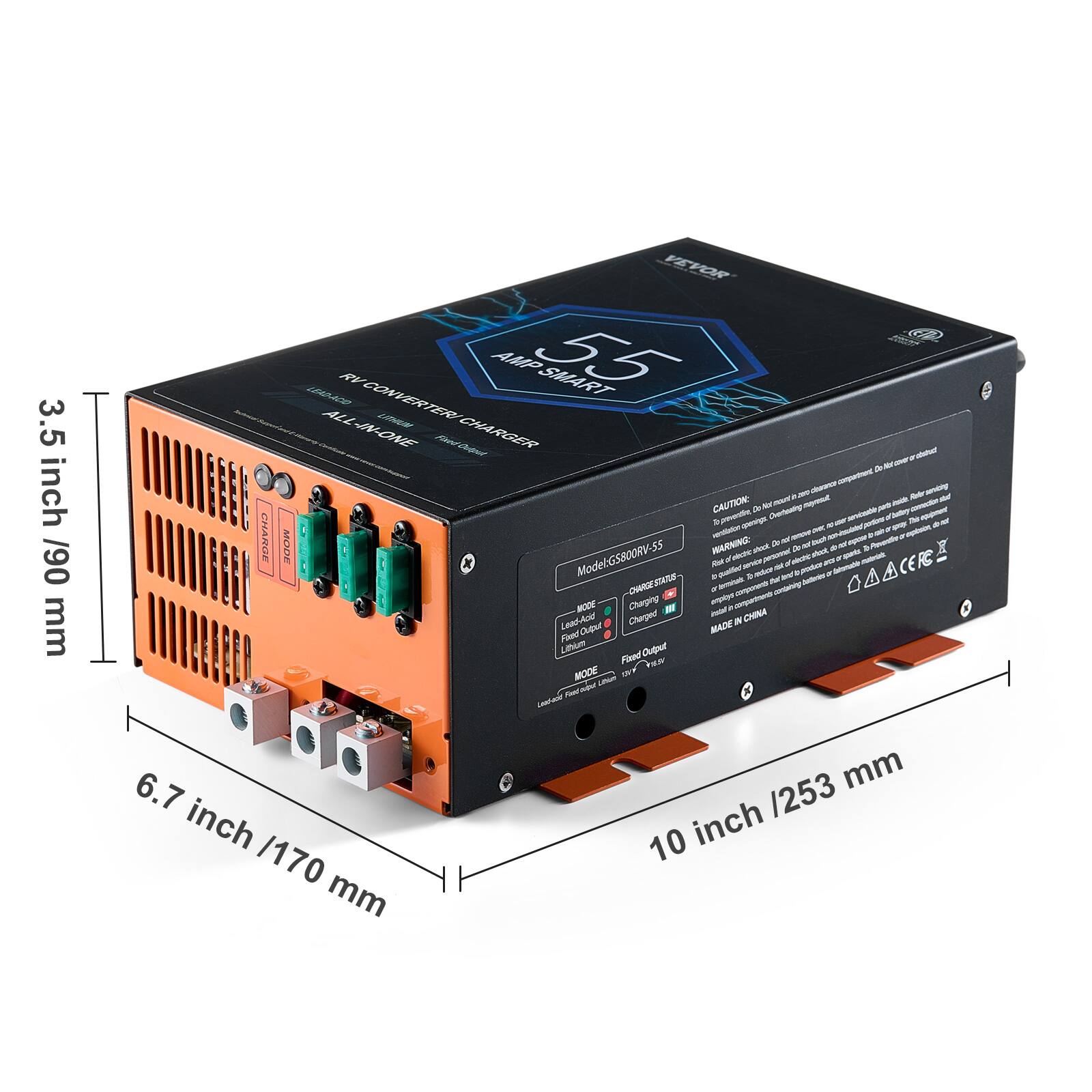 3.5 inch / 90 mm

VEVOR LEAD ACID RV CONVERTER / AMP 55 SMART ALL-IN-ONE LITHIUM CHARGER

CAUTION: pourt mayesut abook Refer samicing a AY a preventile operangs Overheating sidesches buttory This equipment

- CHARGE verstation MAX rencon engrose UP explasin MODE WARNING: A &Reedle X Model: GS800RV-55 Rot d'electe aboot service personnet - Predect sidumital UMA materals CERS quallified edice the to-produce cholester A CHARGE STATUS terminals - containing MODE Charging emplar compartments Charged Autani

CHINA Lead-Acid Output MADE IN Fired Lithium Output dase MODE LiNium Feel sulput Lead-scial

6.7 / 253 mm inch 10 inch 170 mm