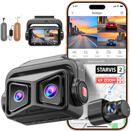 9:41 Redtiger .A. POWER REC 00:21 TO 20PM DI Mirror Switch Sound "I REC Snapshot Speed: 30 mph 7832m STARVIS 2 4X ZOOM N 30 mph REDTIGER 2801169R Dash cam file