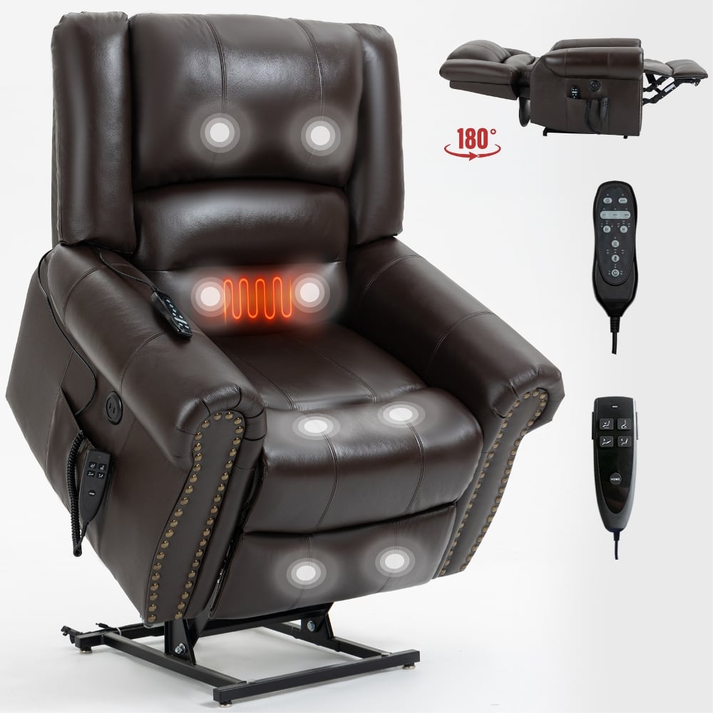 Ropilly - Genuine Leather Power Lift Recliner Dual Motor Lift Chair For Elderly With Heat Massage - Brown