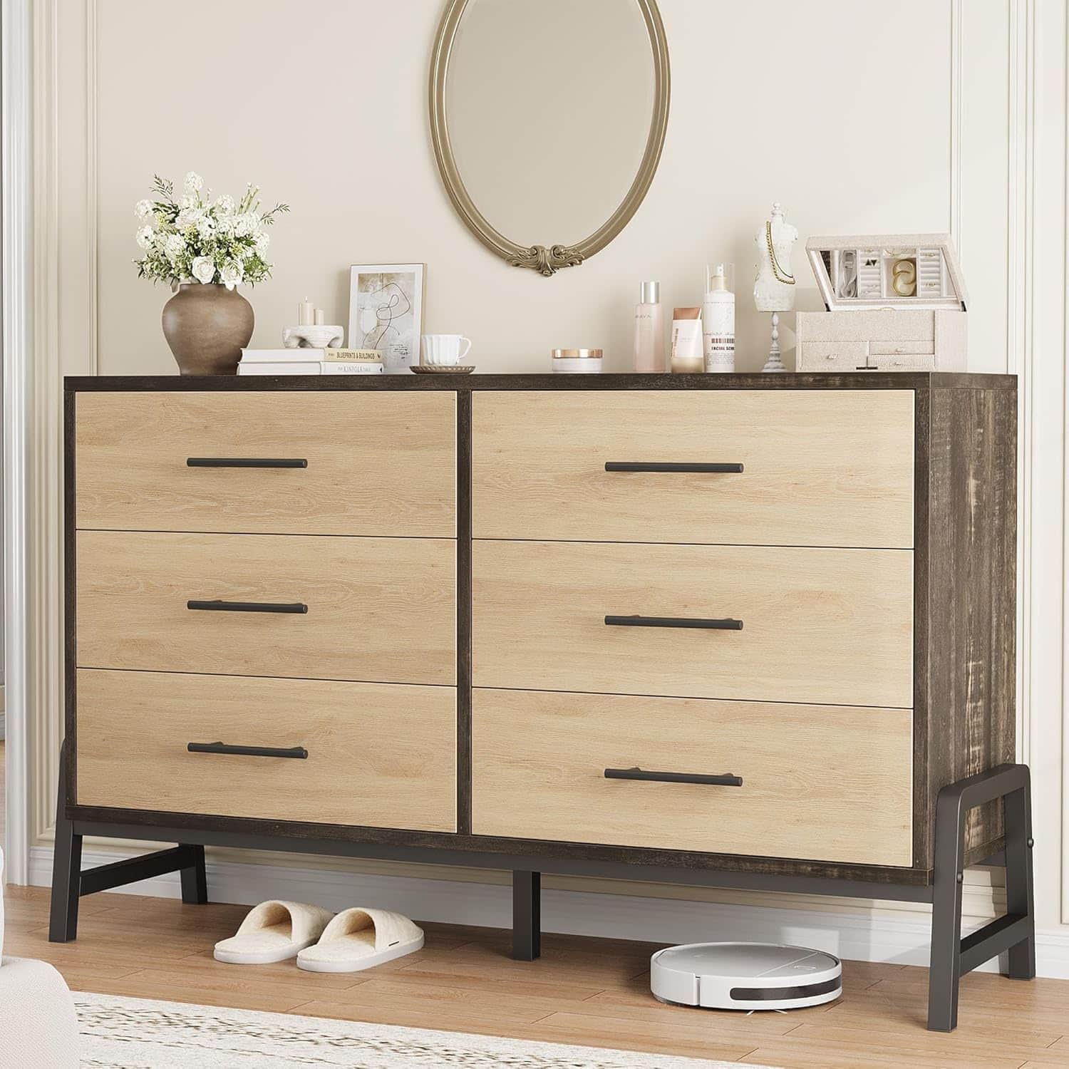 GARVEE - 52" Wide 6-Drawer Wooden Closet Dresser, Storage Cabinet for Bedroom, Entryway & Living Room - Natural Oak + Black