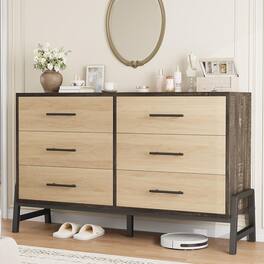 GARVEE - 52" Wide 6-Drawer Wooden Closet Dresser, Storage Cabinet for Bedroom, Entryway & Living Room - Natural Oak + Black