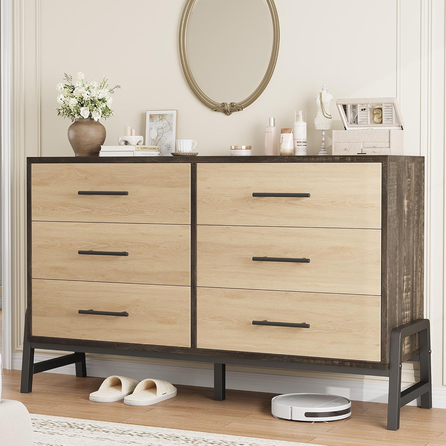 Front. GARVEE - 52" Wide 6-Drawer Wooden Closet Dresser, Storage Cabinet for Bedroom, Entryway & Living Room, Natural Oak + Black - Natural Oak + Black.
