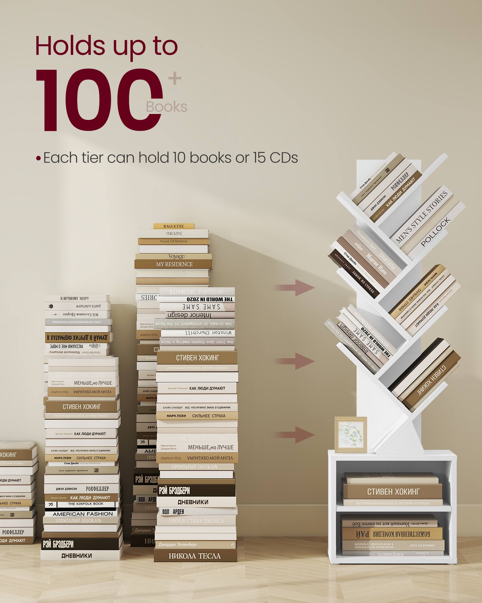 Holds up to 100+ Books  
Each tier can hold 10 books or 15 CDs