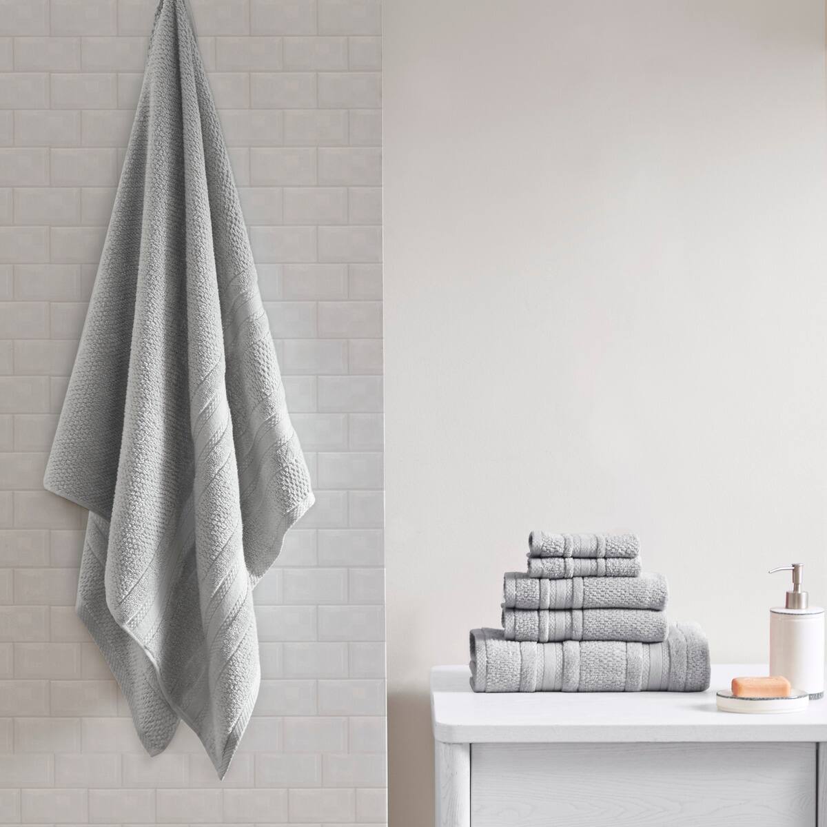 Front. MOOSOO - Super Soft Cotton 6 Piece Towel Set, 2 Bath Towels 2 Hand Towel 2 Washcloths, 600 GSM 100% Cotton Towels for Bathroom - Silver.