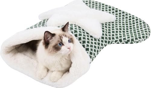Front. PawsPik - PawsPik Holiday Stocking Plush Covered Dog & Cat Sleeping Bag, Green - Green.