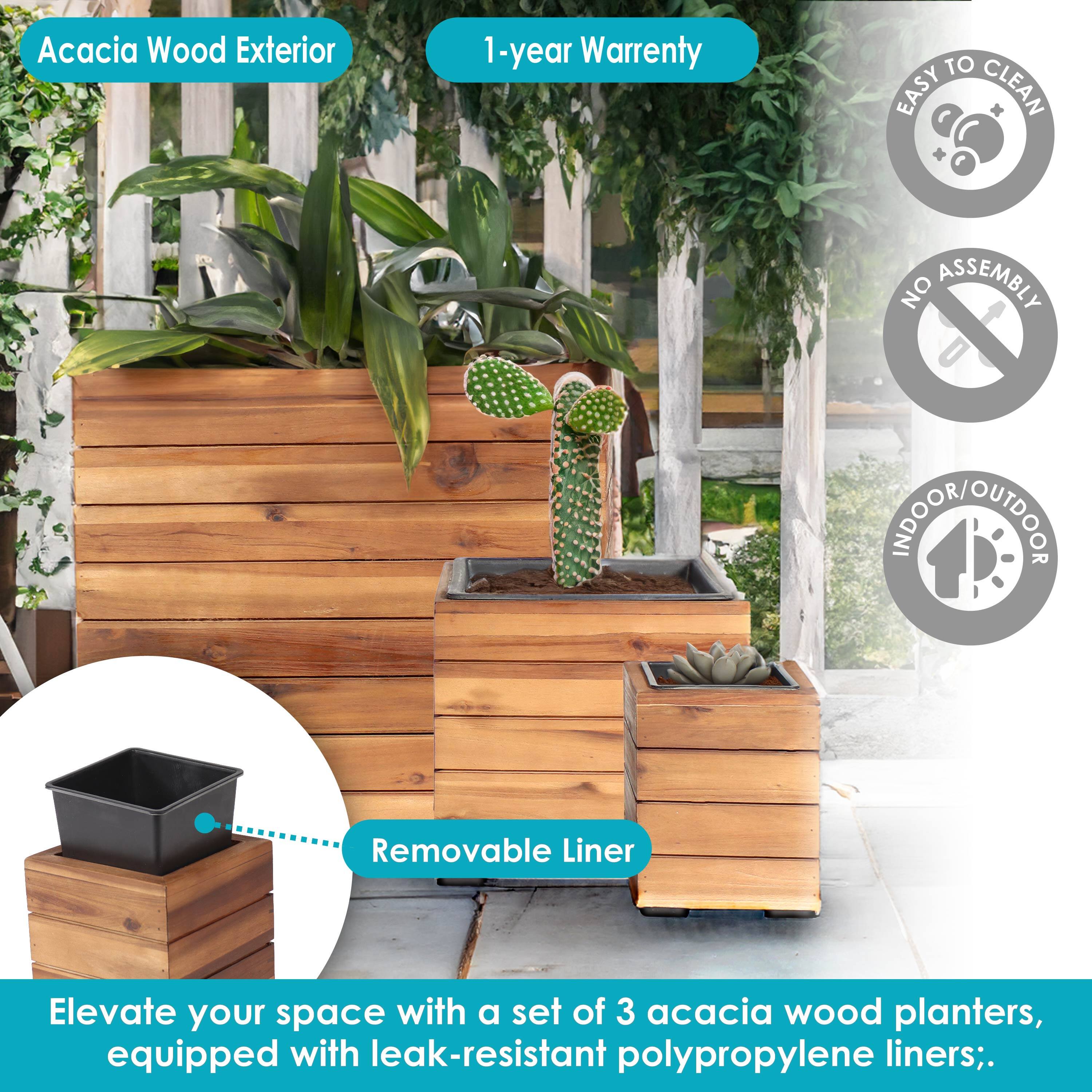 Acacia Wood Exterior  
1-year Warranty  

Elevate your space with a set of 3 acacia wood planters, equipped with leak-resistant polypropylene liners.  

- Easy to Clean  
- No Assembly  
- Indoor/Outdoor  
- Removable Liner