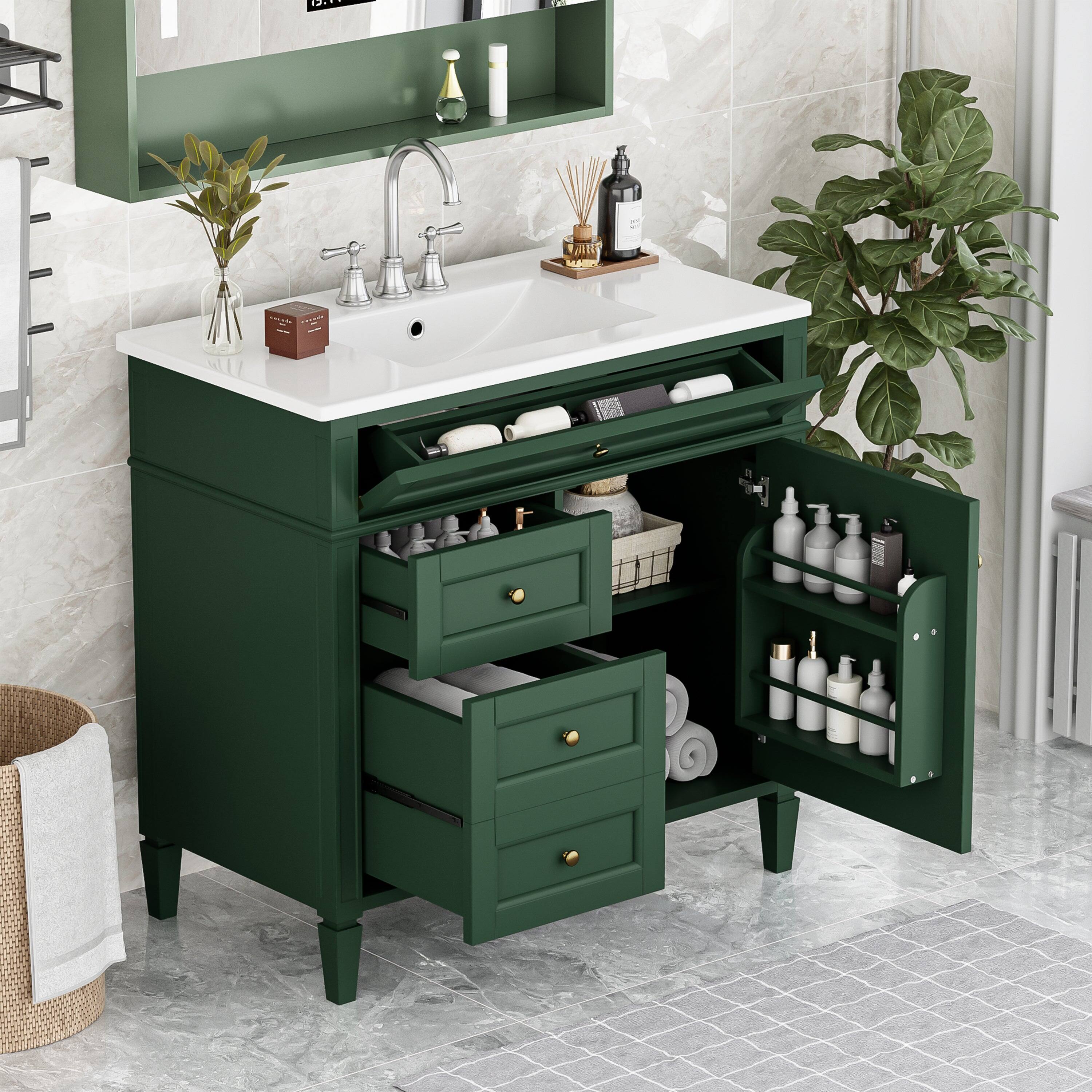 Alt View 5. Boyel Living - 36 Inch Modern Bathroom Vanity with Ceramic Sink Three Drawers Garnet Green - Green.