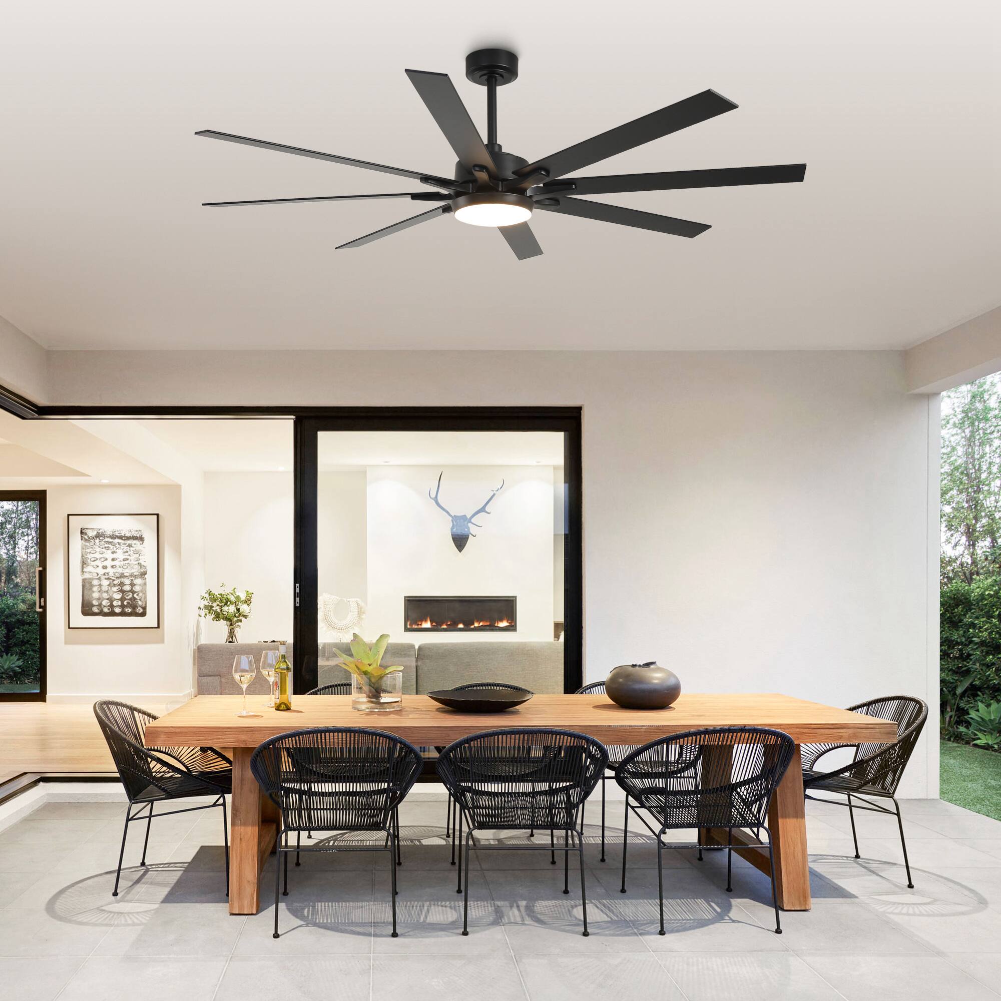 Left. Parrot Uncle - 65-inch Indoor LED Ceiling Fan with Light and Remote Control, 8 Reversible Blades, DC Reversible Motor - Black.