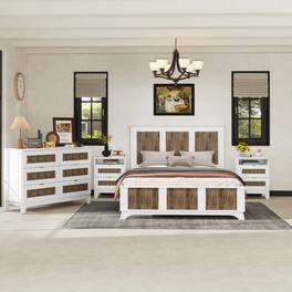 Anysun - 4-Piece Bedroom Set – Queen Size Farmhouse Platform Bed with Wooden Strip Decoration, Storage Nightstands & Dresser - White