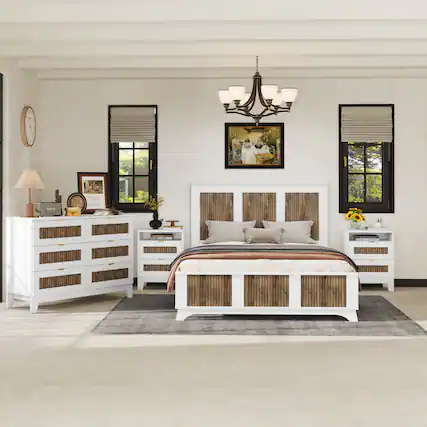 Front. Anysun - 4-Piece Bedroom Set – Queen Size Farmhouse Platform Bed with Wooden Strip Decoration, Storage Nightstands & Dresser - White.
