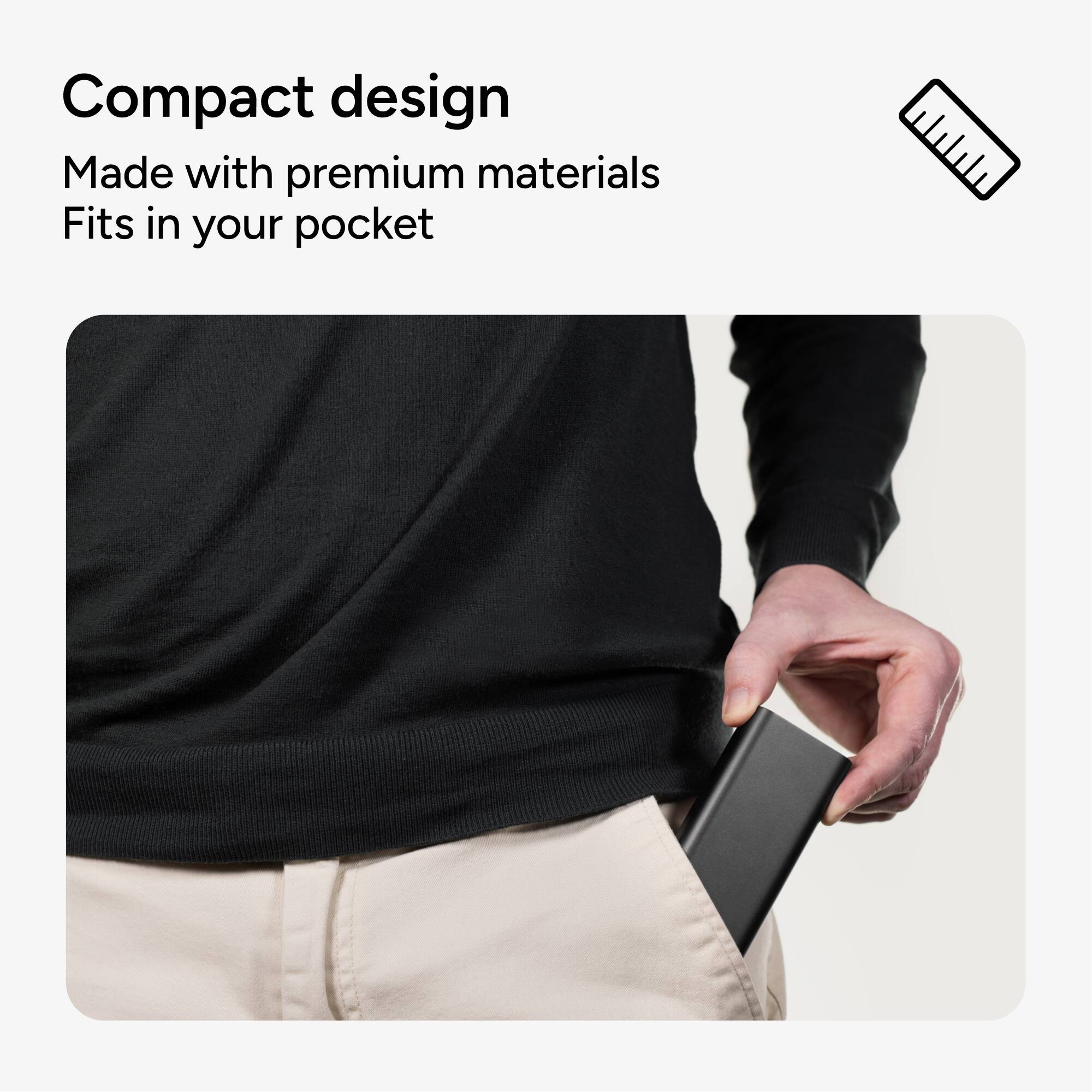 The text on the image reads: "Compact design Made with premium materials Fits in your pocket."