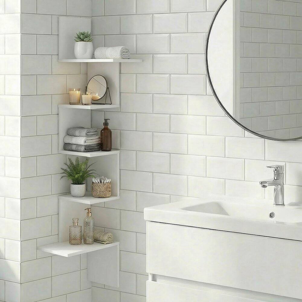 Angle. Furinno - ROSSI Easy Assembly Corner Floating Shelves for Wall, Corner Rectangular Wall Shelf, S-shape Radial Floating Book Shelf - White.