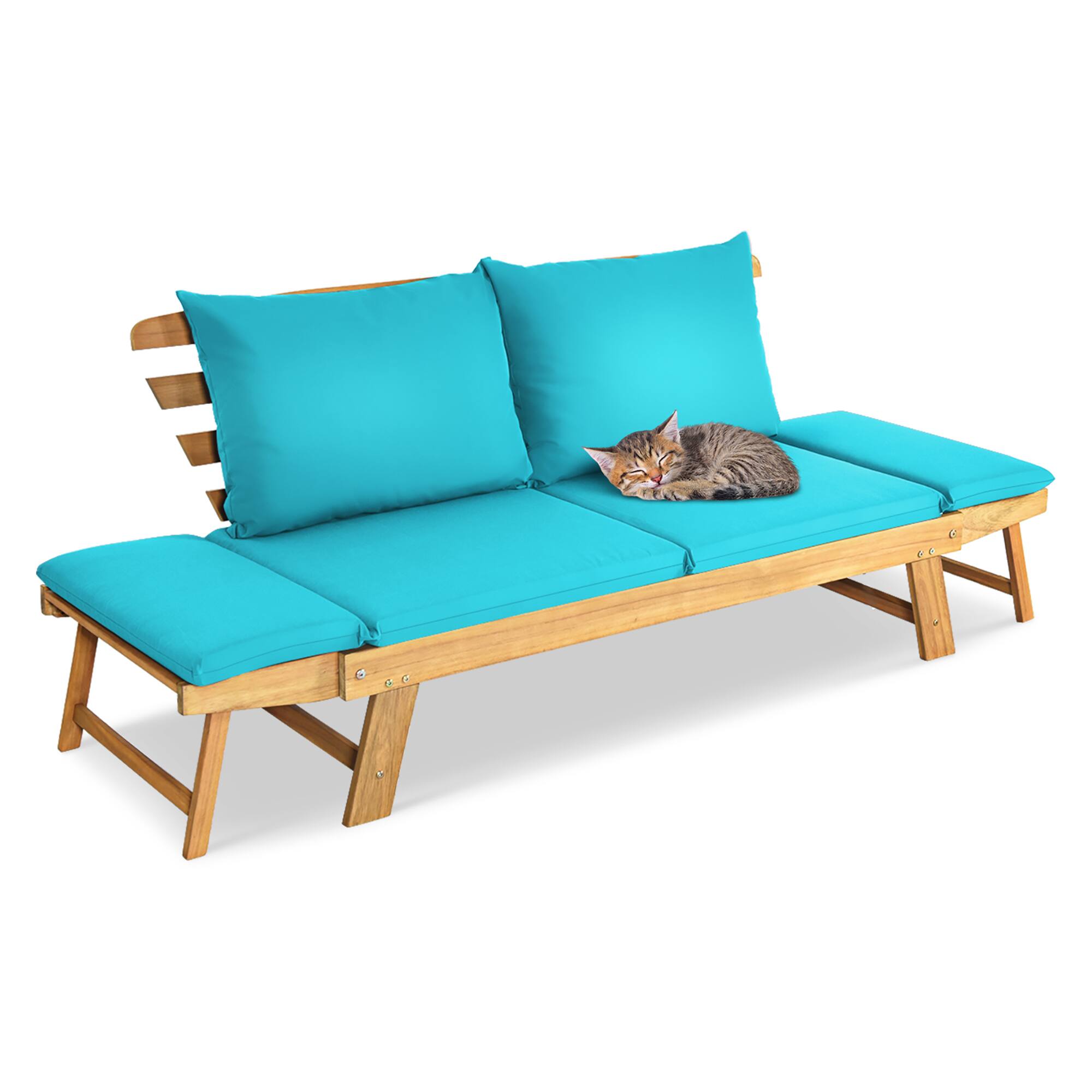 Alt View 8. Gymax - Gymax Adjustable Patio Sofa Daybed Acacia Wood Furniture w/ Turquoise Cushions - Turquoise.
