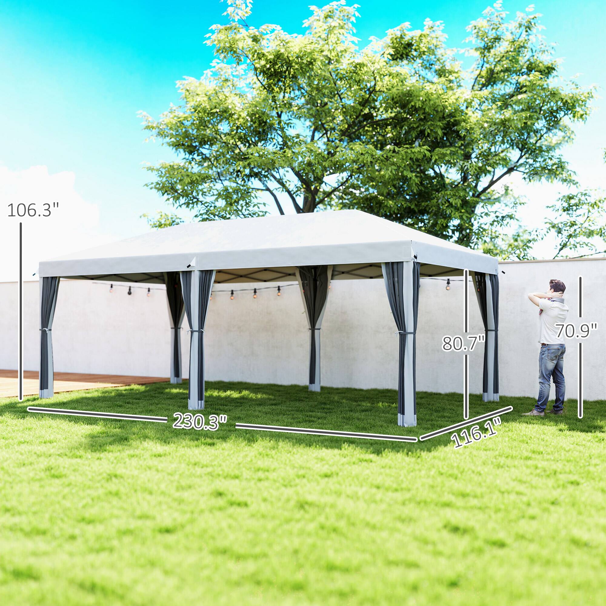 Height: 106.3"
Width: 230.3"
Depth: 116.1"
Side pole: 80.7"
Height of pole: 70.9"