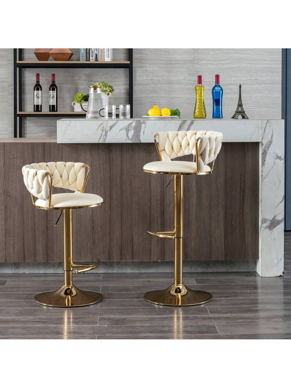 Alt View 1. Trinkets Crazed - Gold Bar Stools Set Of 2, 360° Swivel Bar Stools Counter Height Bar Stools, Velvet Adjustable Height Barstools - Beige.