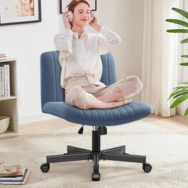 KERDOM - Armless Office Chair with Wheels, Ergonomic Wide Seat Fabric Cross Legged Desk Chair, Home Office Swivel Computer Chair - Dark Blue