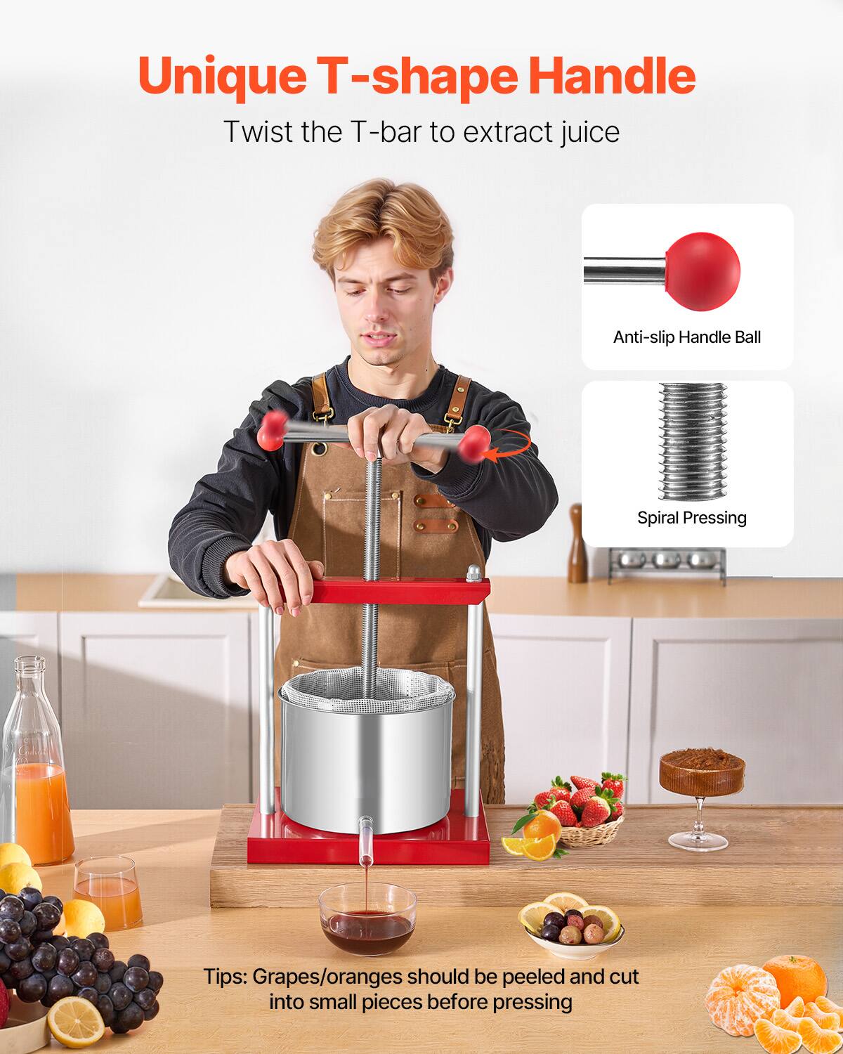 Unique T-shape Handle  
Twist the T-bar to extract juice  

Anti-slip Handle Ball  
Spiral Pressing  

Tips: Grapes/oranges should be peeled and cut into small pieces before pressing