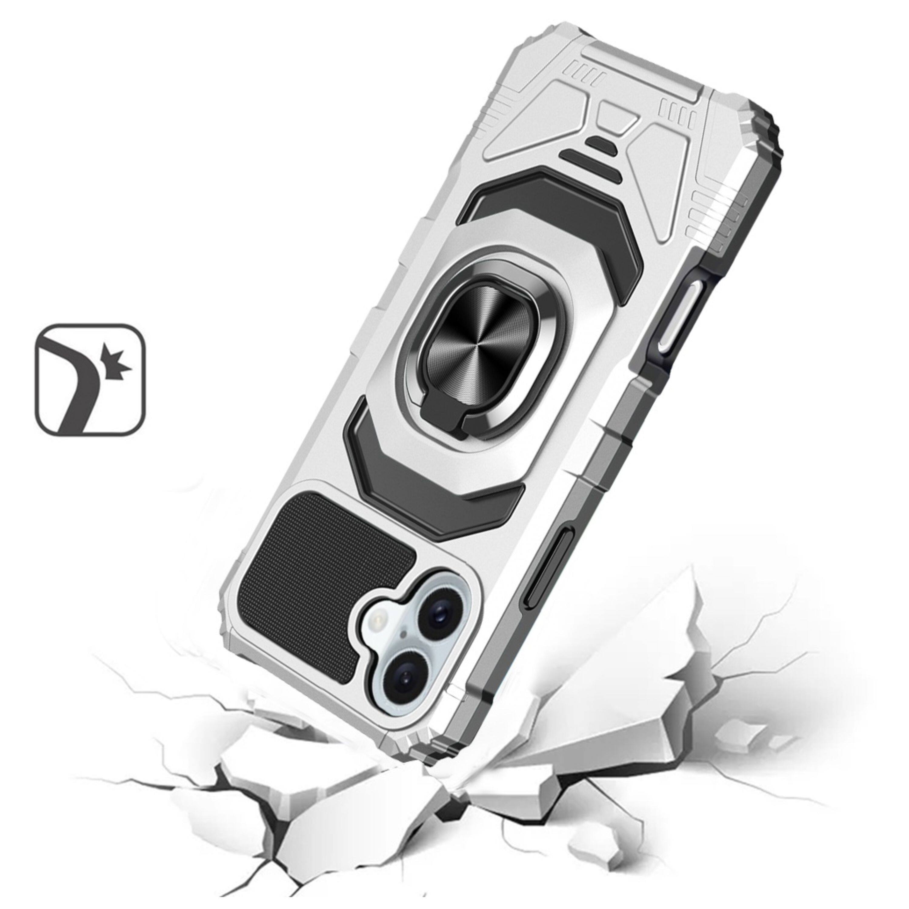 Left. Kitcheniva - Dual Layer Magnetic Ring Stand Phone Case With Tempered Glass For iPhone 16 Plus Silver - Silver.