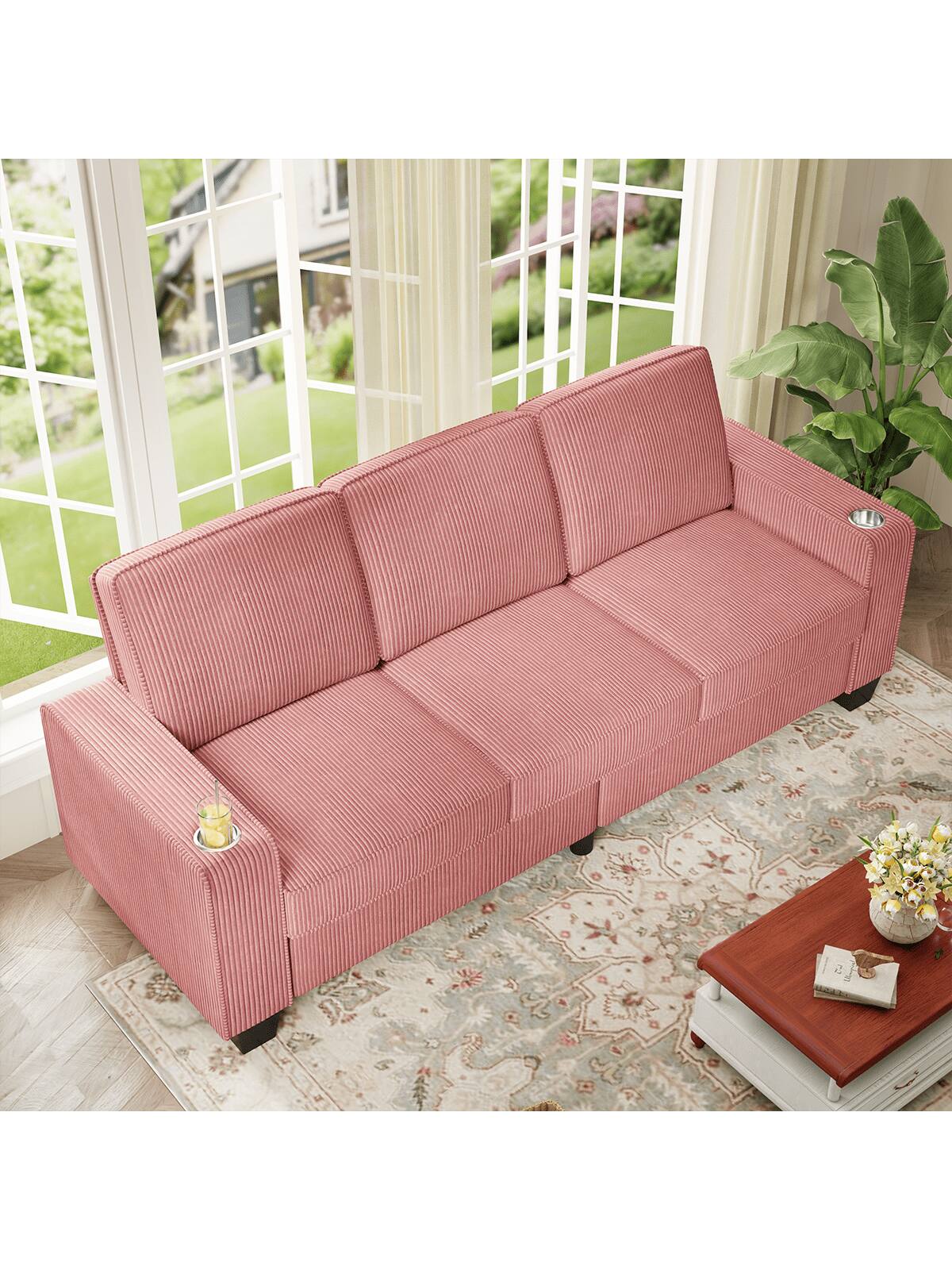 Angle. Trinkets Crazed - 83.5 Inch Oversized 3 Seater Couch,Upholstered Corduroy Love Seat Sofa for Living Room,Modern Deep Seat Loveseat Sofa - Pink.