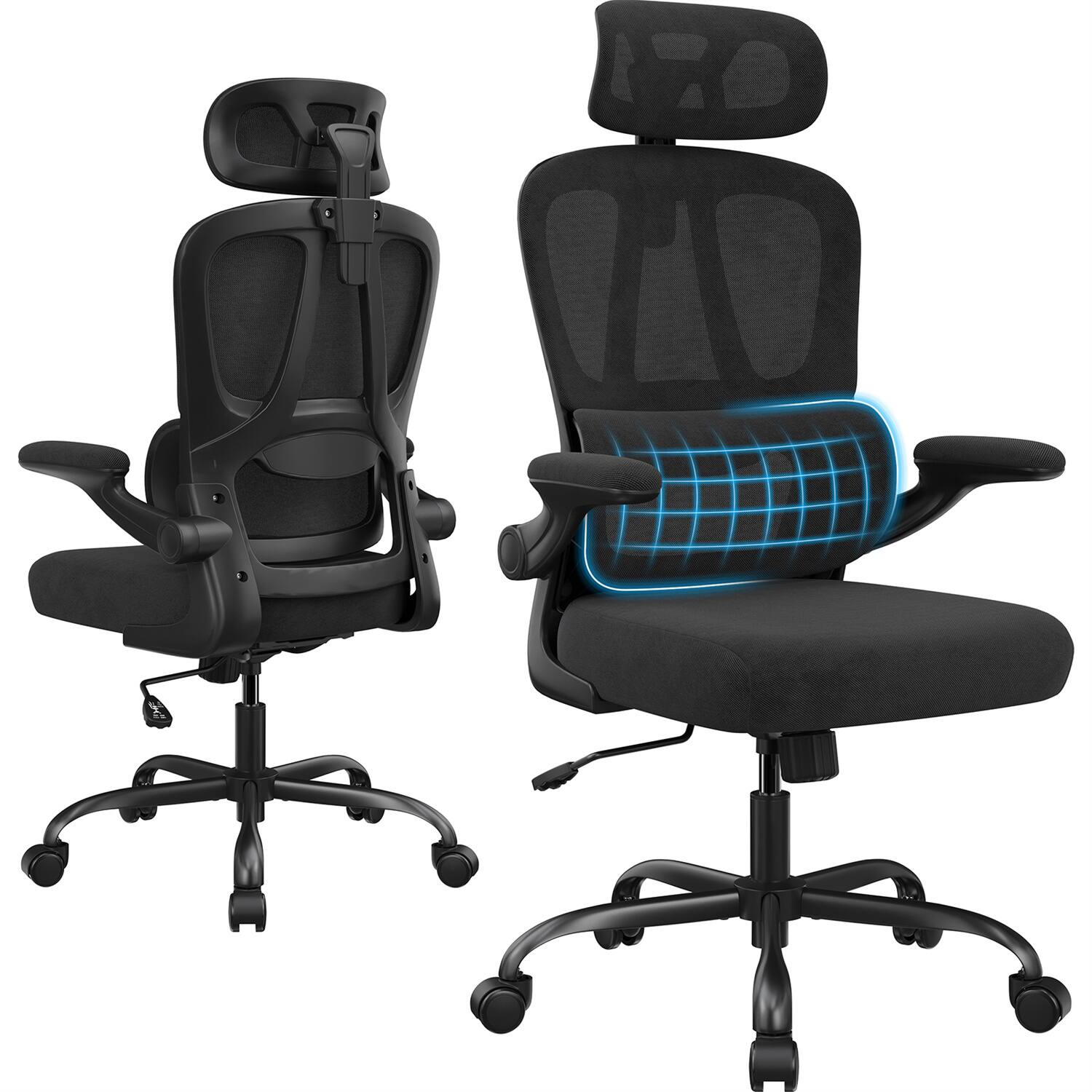 Back. Forest'nSky - Black Ergonomic Office Chair with Headrest & Lumbar Support, High Back Swivel Desk Chair for Home Office - Black.