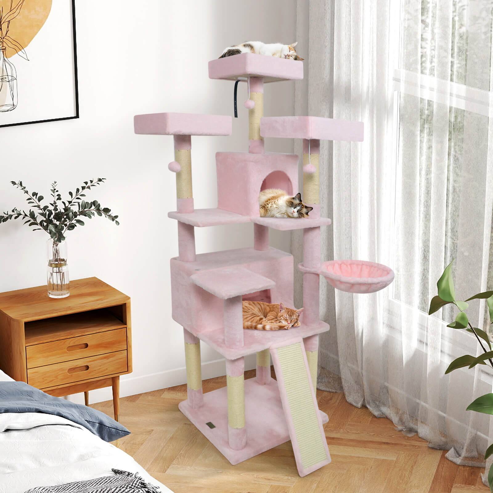 Alt View 4. Costway - Costway 65" Tall Multi-level Cat Tree with 3 Upholstered Top Perch 2 Cat Condos Cat Basket.
