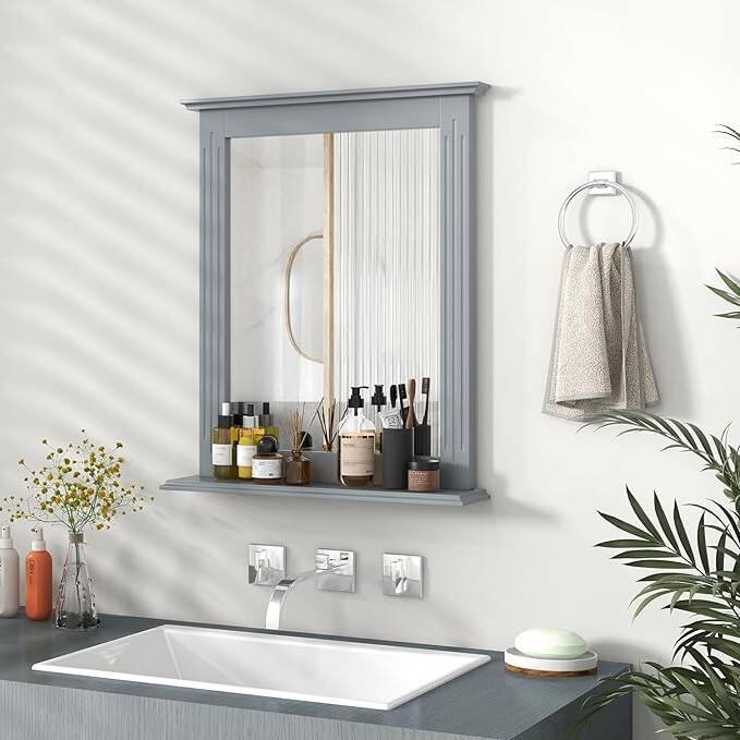 Angle. Hivvago - 27-in x 22.5-in Bathroom Wall Mirror with Shelf in Gray Wood Finish - Gray Wood Finish.