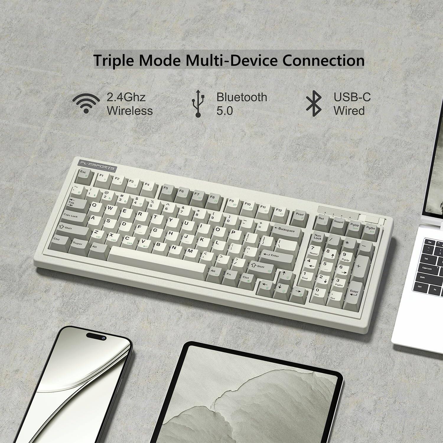 Triple Mode Multi-Device Connection

2.4Ghz Wireless  
Bluetooth 5.0  
USB-C Wired