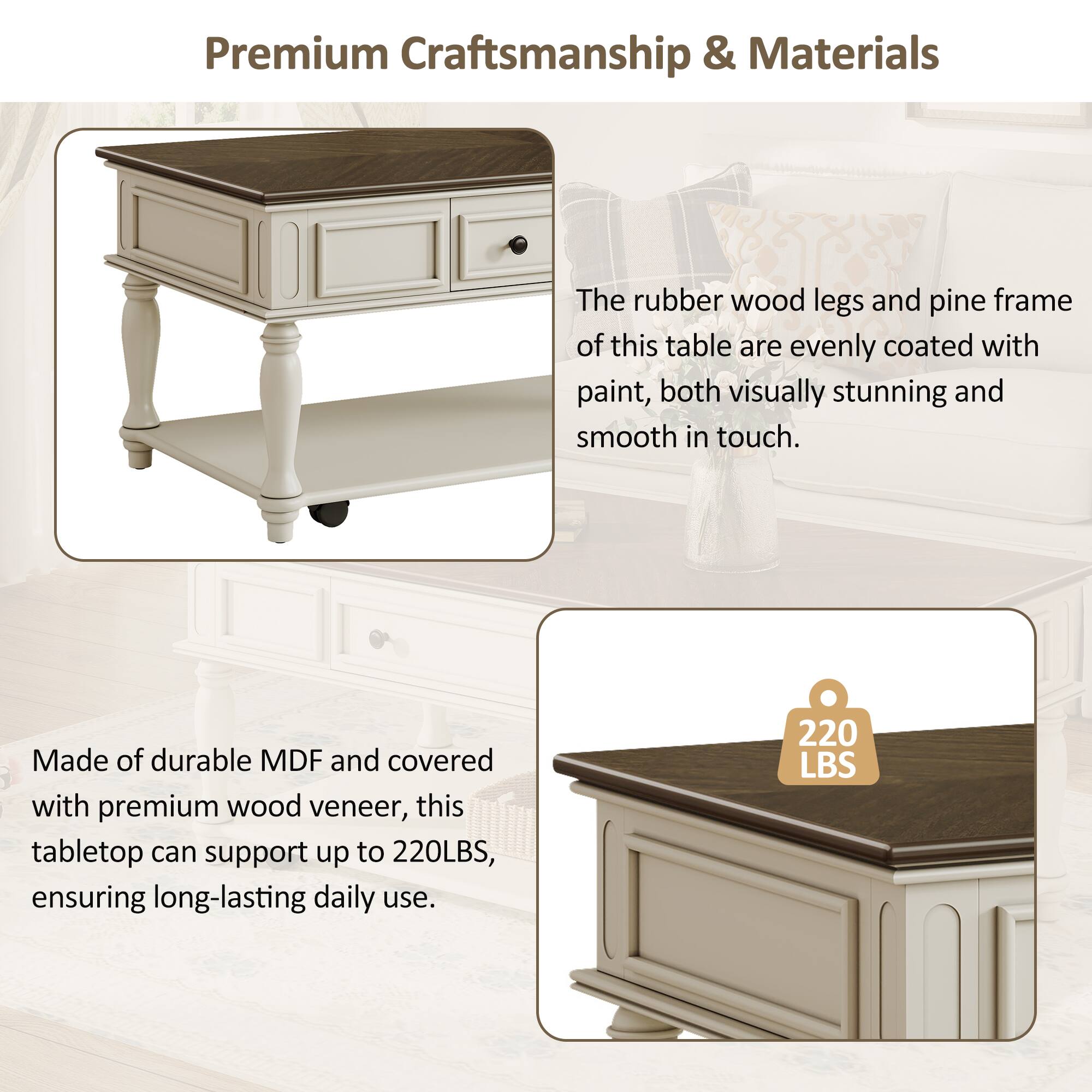Premium Craftsmanship & Materials

The rubber wood legs and pine frame of this table are evenly coated with paint, both visually stunning and smooth in touch.

Made of durable MDF and covered with premium wood veneer, this tabletop can support up to 220LBS, ensuring long-lasting daily use.