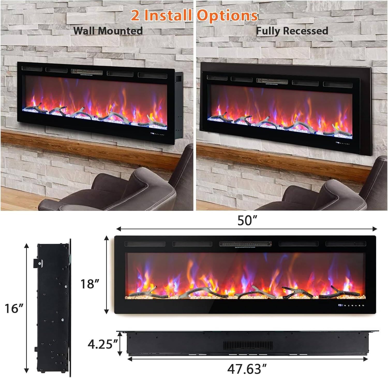 2 Install Options  
Wall Mounted  
Fully Recessed  

50"  
18"  
16"  
4.25"  
47.63"