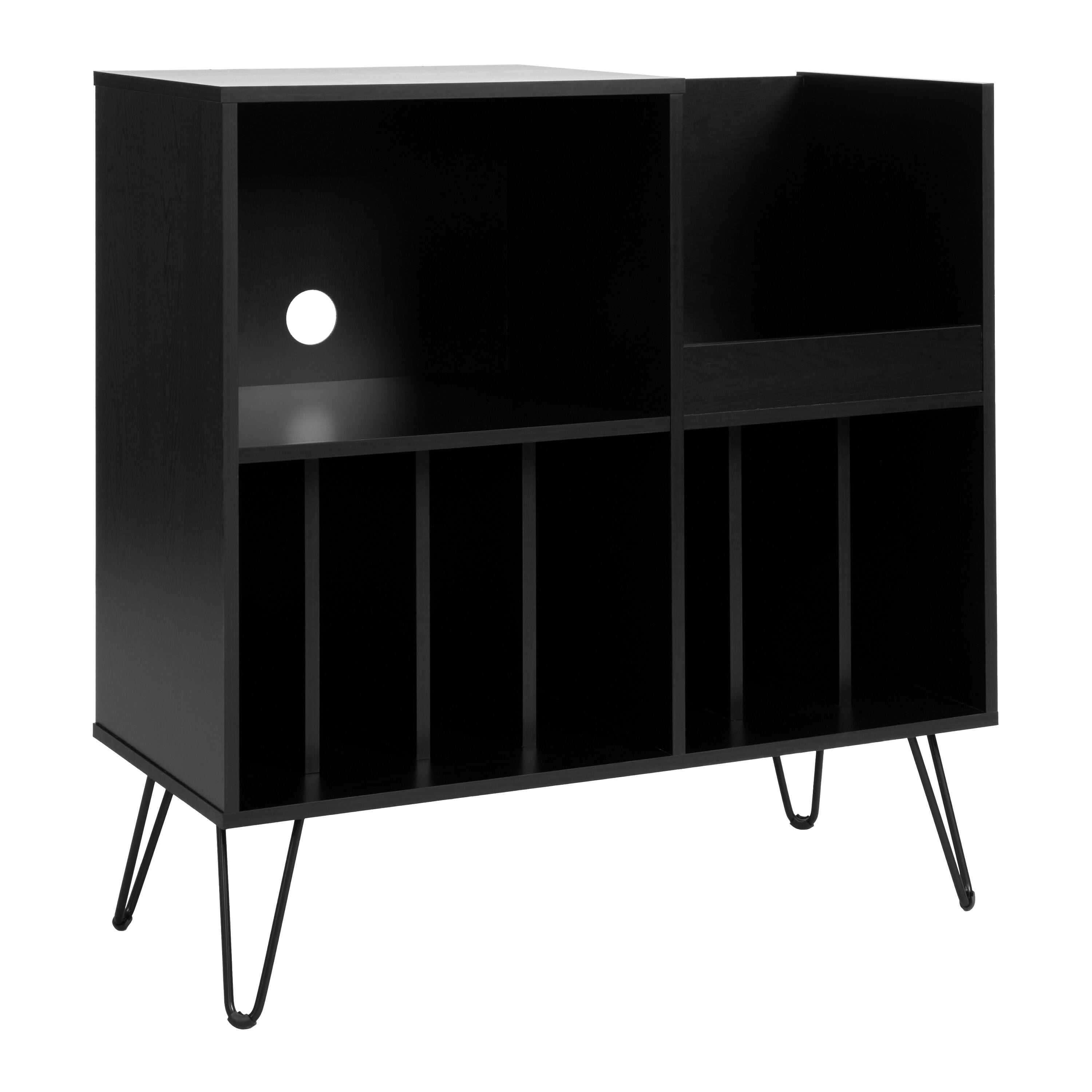 Angle. CorLiving - CorLiving Vintora Large Black Engineered Wood Open Shelved Turntable Media Stand - Black Ravenwood.