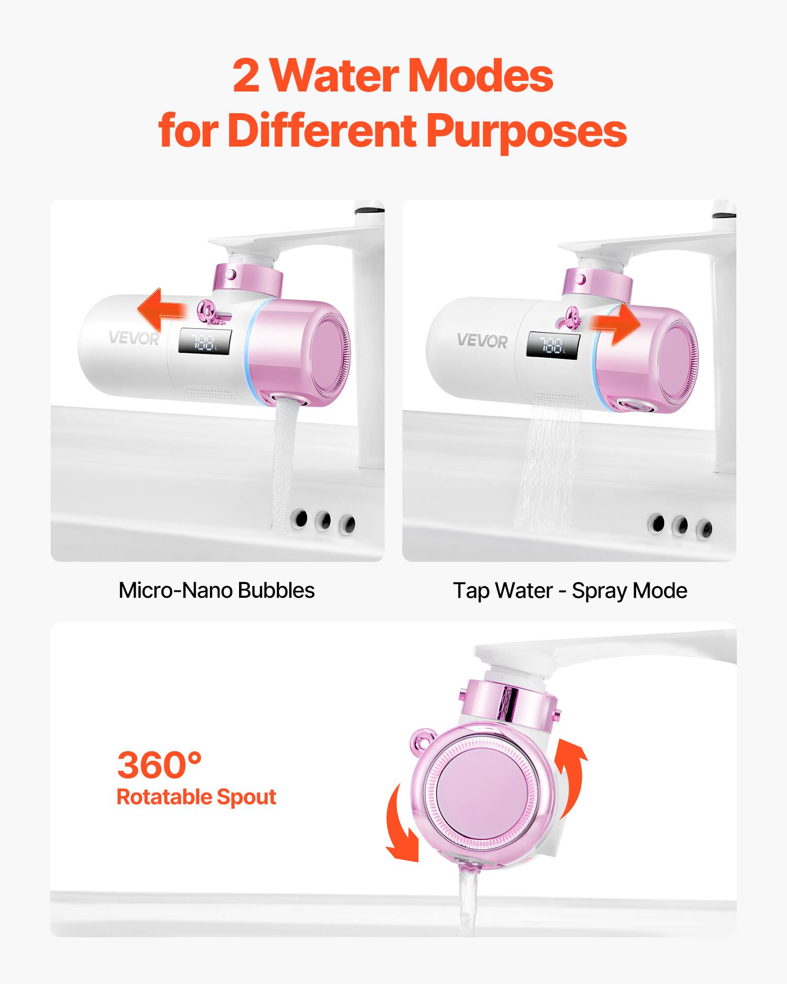 2 Water Modes for Different Purposes

VEVOR STA180

VEVOR w100

Micro-Nano Bubbles

Tap Water

Spray Mode

360° Rotatable Spout