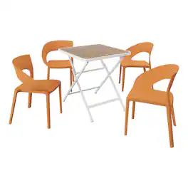 Mondawe - 5-Piece Outdoor Dining Set – Square Table with 4 PP Chairs, Lightweight PP Tabletop with Metal Legs - Orange+White